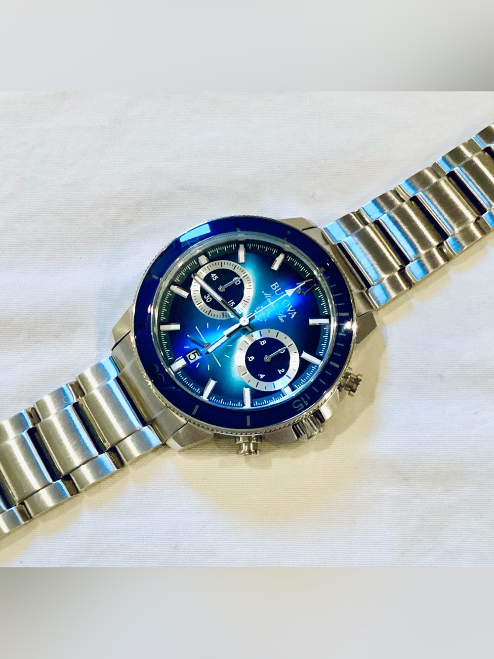 Bulova Marine Star 96B380 Chronograph Blue Dial Men's Watch 45mm FULL-KIT